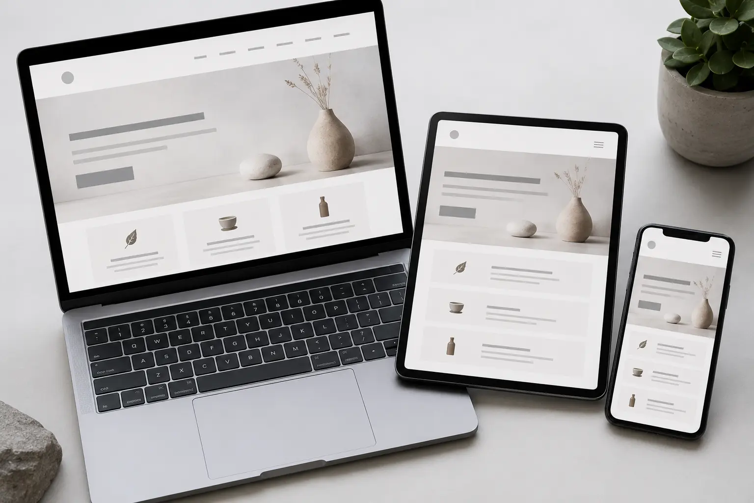 Laptop, tablet, and smartphone displaying a responsive website layout