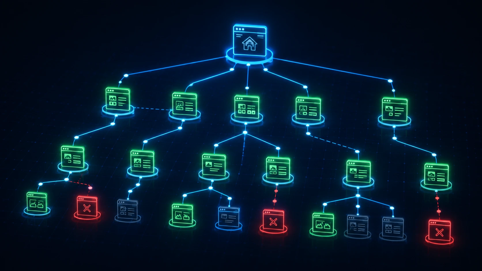 Site architecture diagram showing crawl errors and internal linking structure