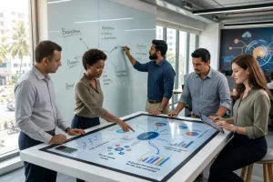 A diverse marketing team collaborating around a large interactive touchscreen table and a glass whiteboard, showcasing the collaborative process of hiring an SEO agency.