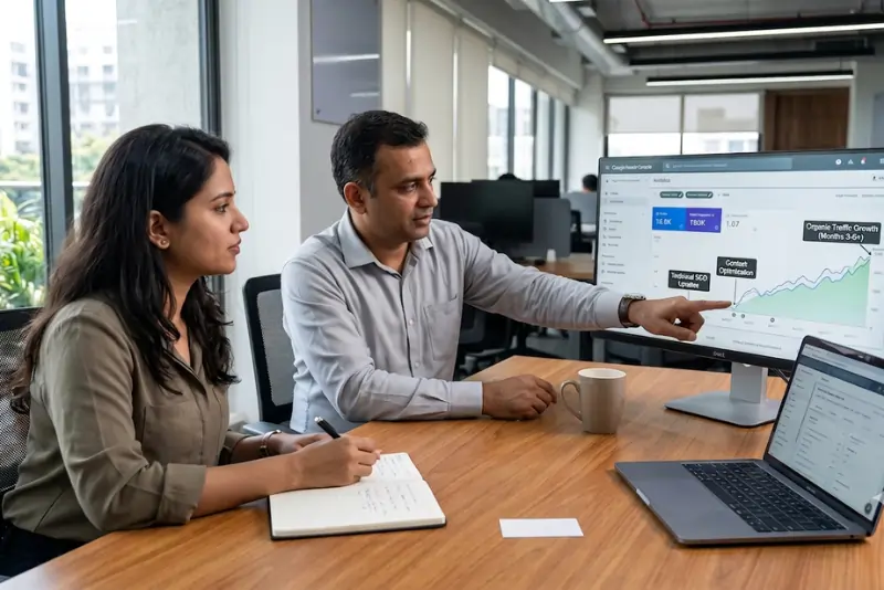Two digital marketing professionals reviewing a data dashboard showing organic traffic growth after hiring an SEO agency.