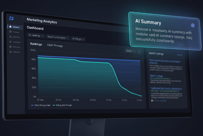A dark-mode marketing analytics dashboard on a computer monitor displaying a sharp drop in click-through rates alongside an AI summary card following the google update 2026.