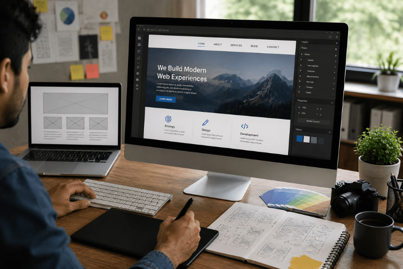 A web designer working on a desktop monitor and drawing tablet, planning out modern web pages and evaluating website design cost.