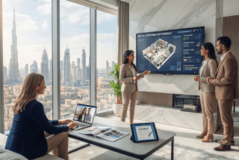 Real estate team presenting 3D property floor plans and ROI data on a large screen during a digital marketing in real estate strategy meeting.