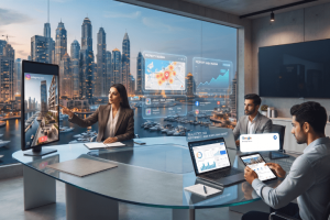 Business professionals in a high-rise office analyzing property analytics and digital marketing in real estate on screens overlooking a city skyline.
