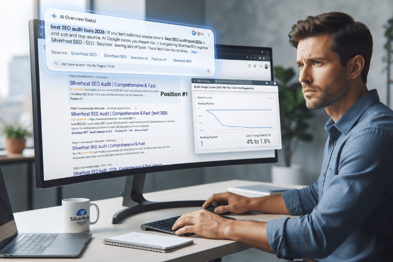 A concerned digital marketer looking at a widescreen computer monitor displaying search engine AI overviews and a declining click-through rate metric following the google update 2026.