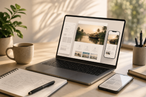 Laptop and mobile mockups displaying UI layouts on a desk next to wireframe sketches, relevant for evaluating website design cost.