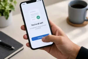 Hand holding a smartphone and tapping a large button near the bottom of the screen, demonstrating easy navigation on mobile friendly websites.