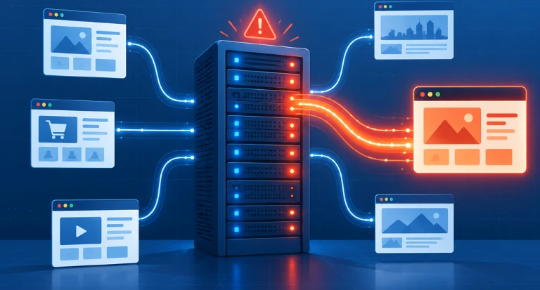 Illustration showing shared hosting limitations as multiple website data streams compete for resources on an overloaded server