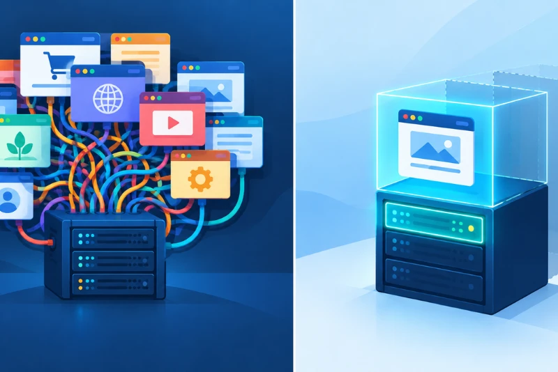 Comparison illustrating shared hosting limitations with crowded shared server resources versus an isolated VPS environment with dedicated resources