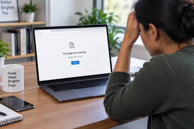 WordPress update problems shown on a laptop error page in a modern home office