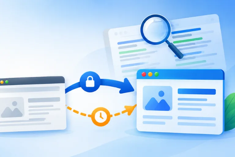 301 vs 302 redirect illustration showing a permanent redirect and a temporary redirect between two web pages