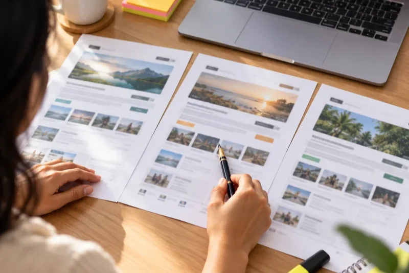 Three similar web pages compared side by side to fix keyword cannibalization in SEO