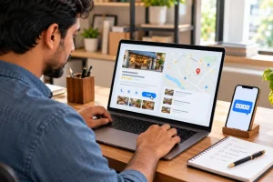 Shop owner checking a map to learn how to claim a business on google without duplicate pins