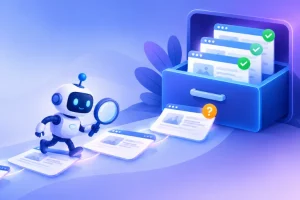 Indexing problem illustration showing a search bot crawling web pages while one page stays outside the Google index