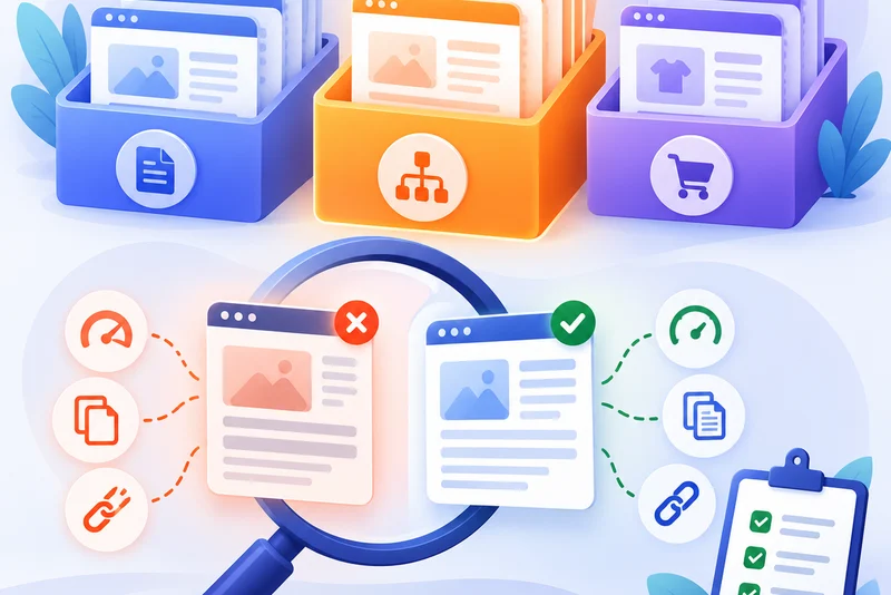 Diagnosing an indexing problem by grouping pages by type and comparing a stuck page with an indexed one