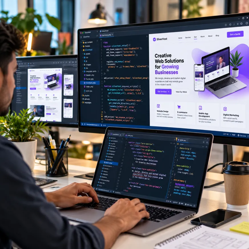 A developer building a website, with code and the finished page on screen